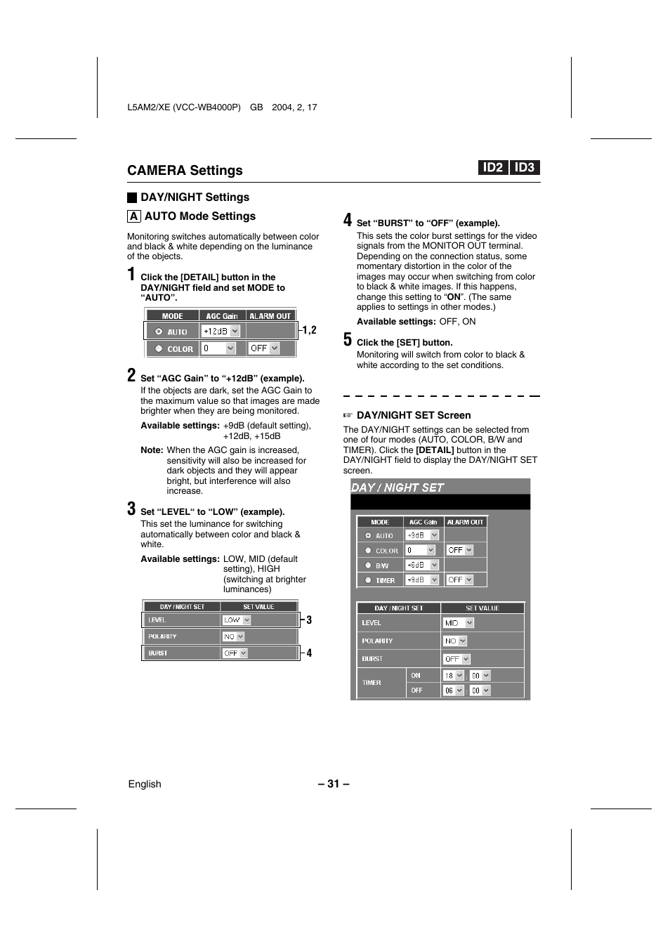 Camera settings | Sanyo VCC-WB4000P User Manual | Page 32 / 78