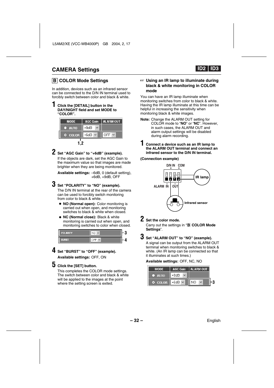 Camera settings | Sanyo VCC-WB4000P User Manual | Page 33 / 78