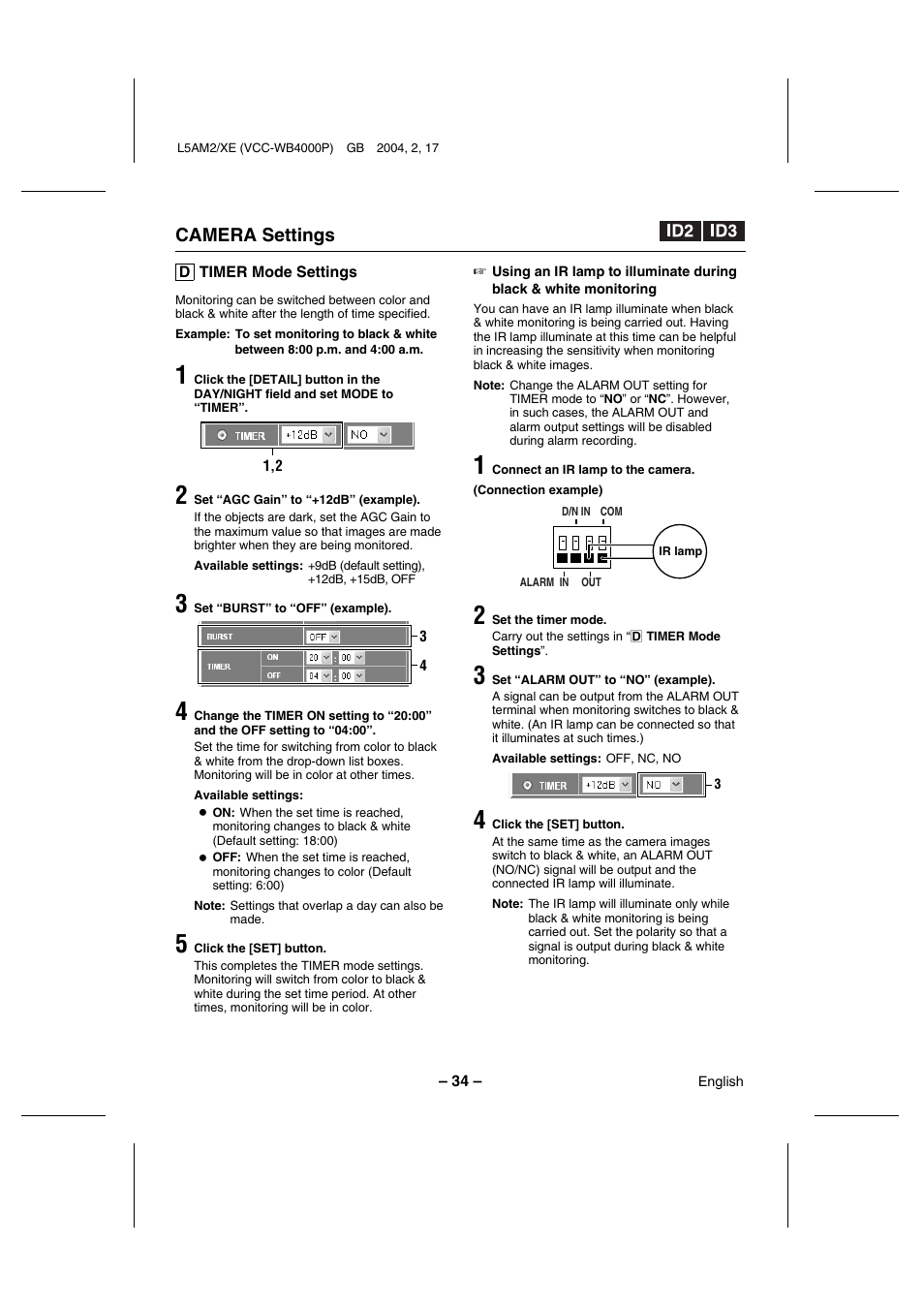 Camera settings | Sanyo VCC-WB4000P User Manual | Page 35 / 78