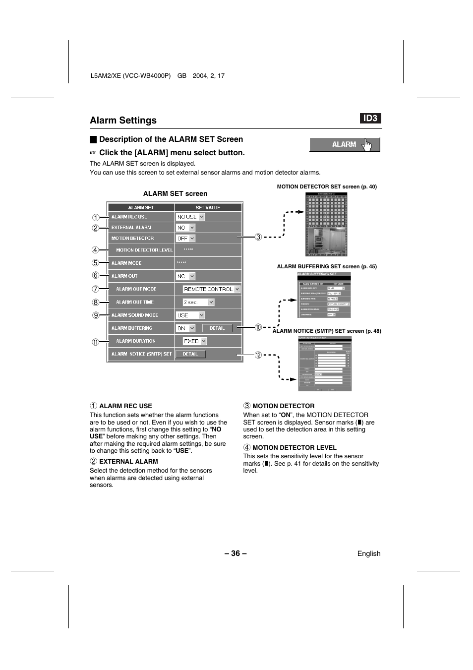 Alarm settings | Sanyo VCC-WB4000P User Manual | Page 37 / 78