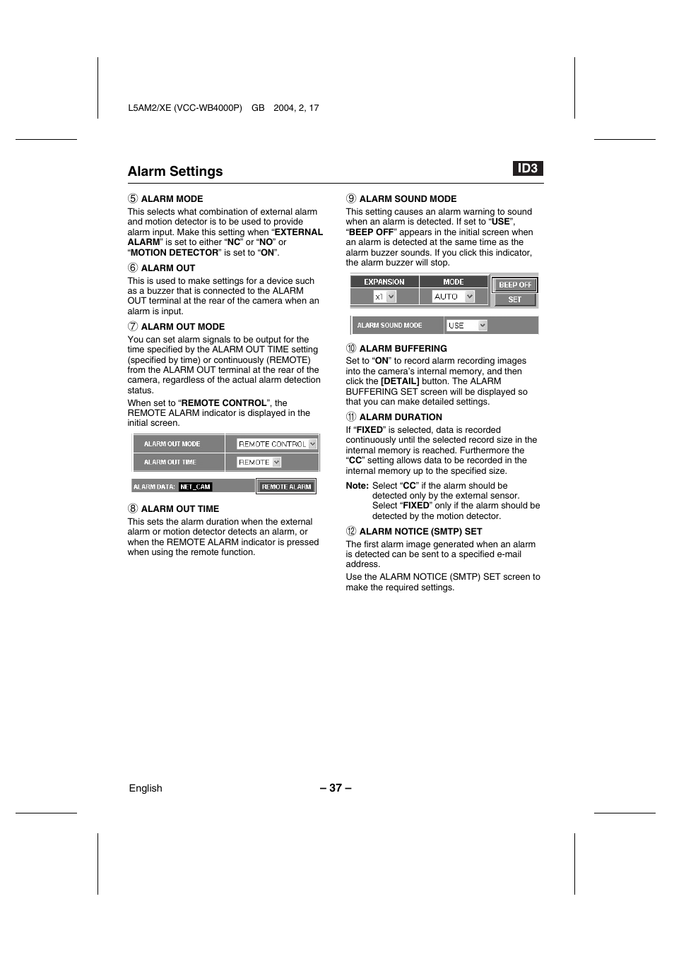 Alarm settings | Sanyo VCC-WB4000P User Manual | Page 38 / 78