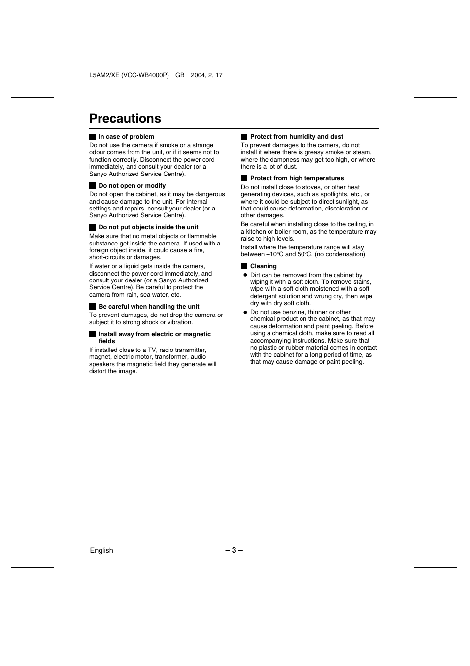 Precautions | Sanyo VCC-WB4000P User Manual | Page 4 / 78