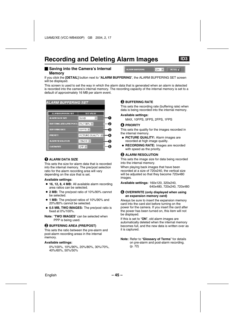 Recording and deleting alarm images | Sanyo VCC-WB4000P User Manual | Page 46 / 78