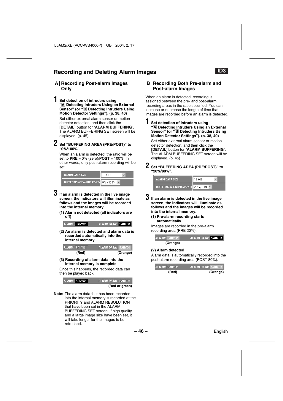 Recording and deleting alarm images | Sanyo VCC-WB4000P User Manual | Page 47 / 78