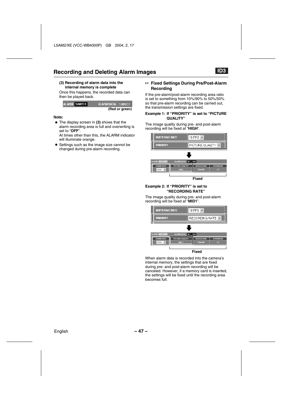 Recording and deleting alarm images | Sanyo VCC-WB4000P User Manual | Page 48 / 78