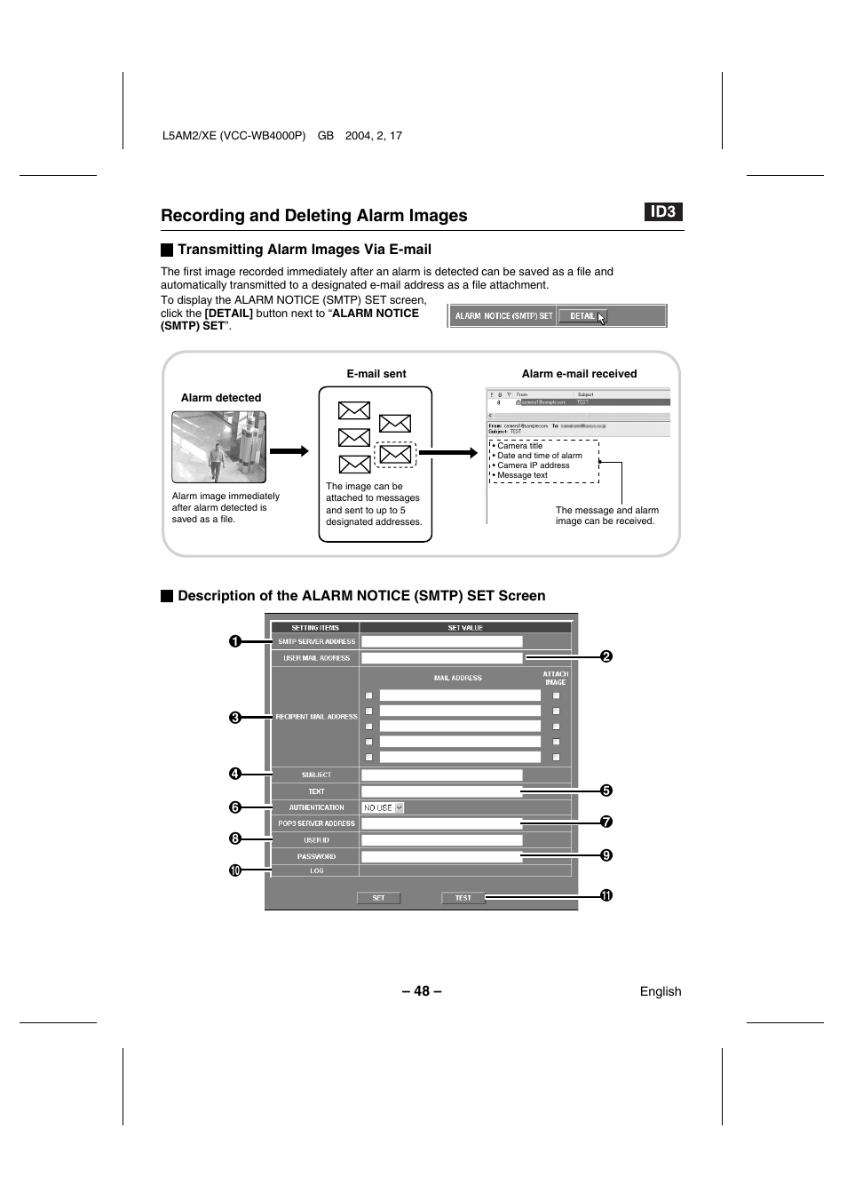 Recording and deleting alarm images | Sanyo VCC-WB4000P User Manual | Page 49 / 78