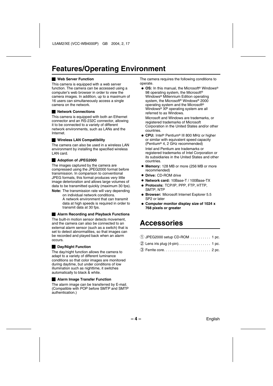 Features/operating environment, Accessories | Sanyo VCC-WB4000P User Manual | Page 5 / 78