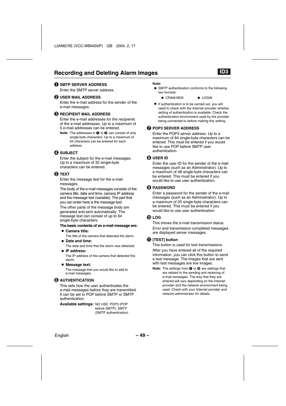 Recording and deleting alarm images | Sanyo VCC-WB4000P User Manual | Page 50 / 78