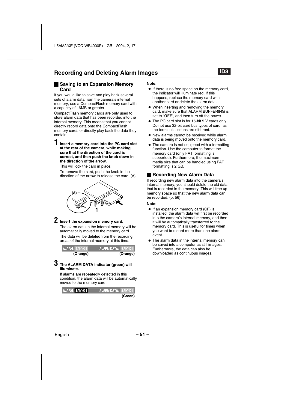 Recording and deleting alarm images | Sanyo VCC-WB4000P User Manual | Page 52 / 78