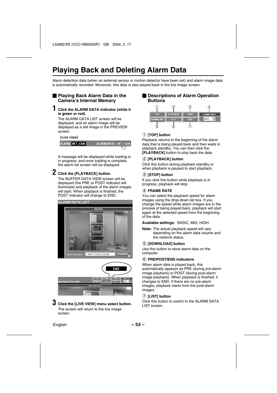 Playing back and deleting alarm data | Sanyo VCC-WB4000P User Manual | Page 54 / 78