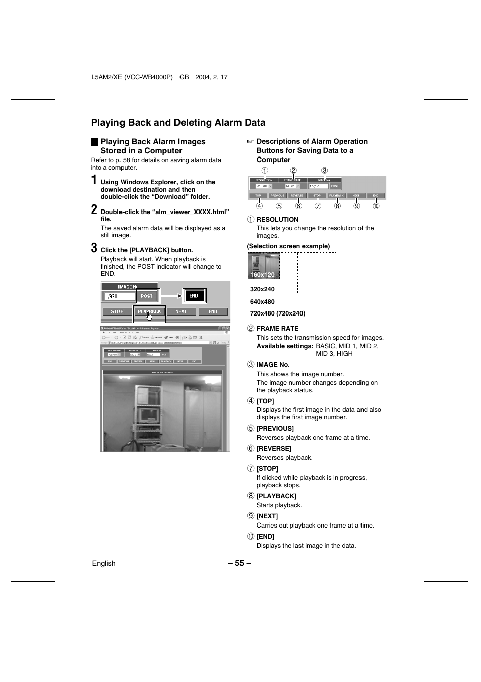 Playing back and deleting alarm data | Sanyo VCC-WB4000P User Manual | Page 56 / 78