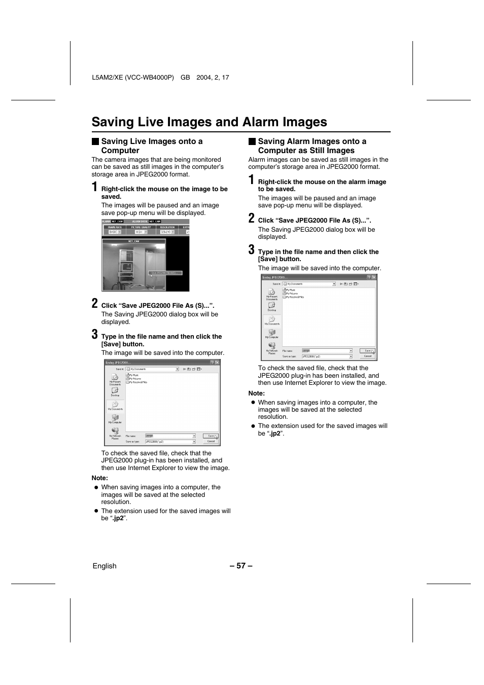 Saving live images and alarm images | Sanyo VCC-WB4000P User Manual | Page 58 / 78