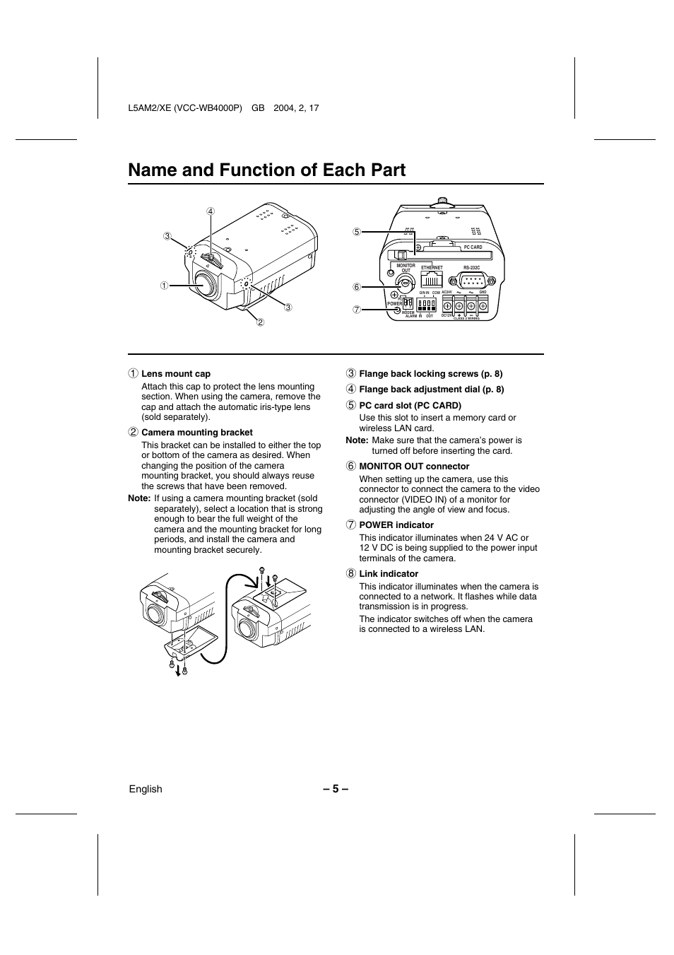 Name and function of each part | Sanyo VCC-WB4000P User Manual | Page 6 / 78