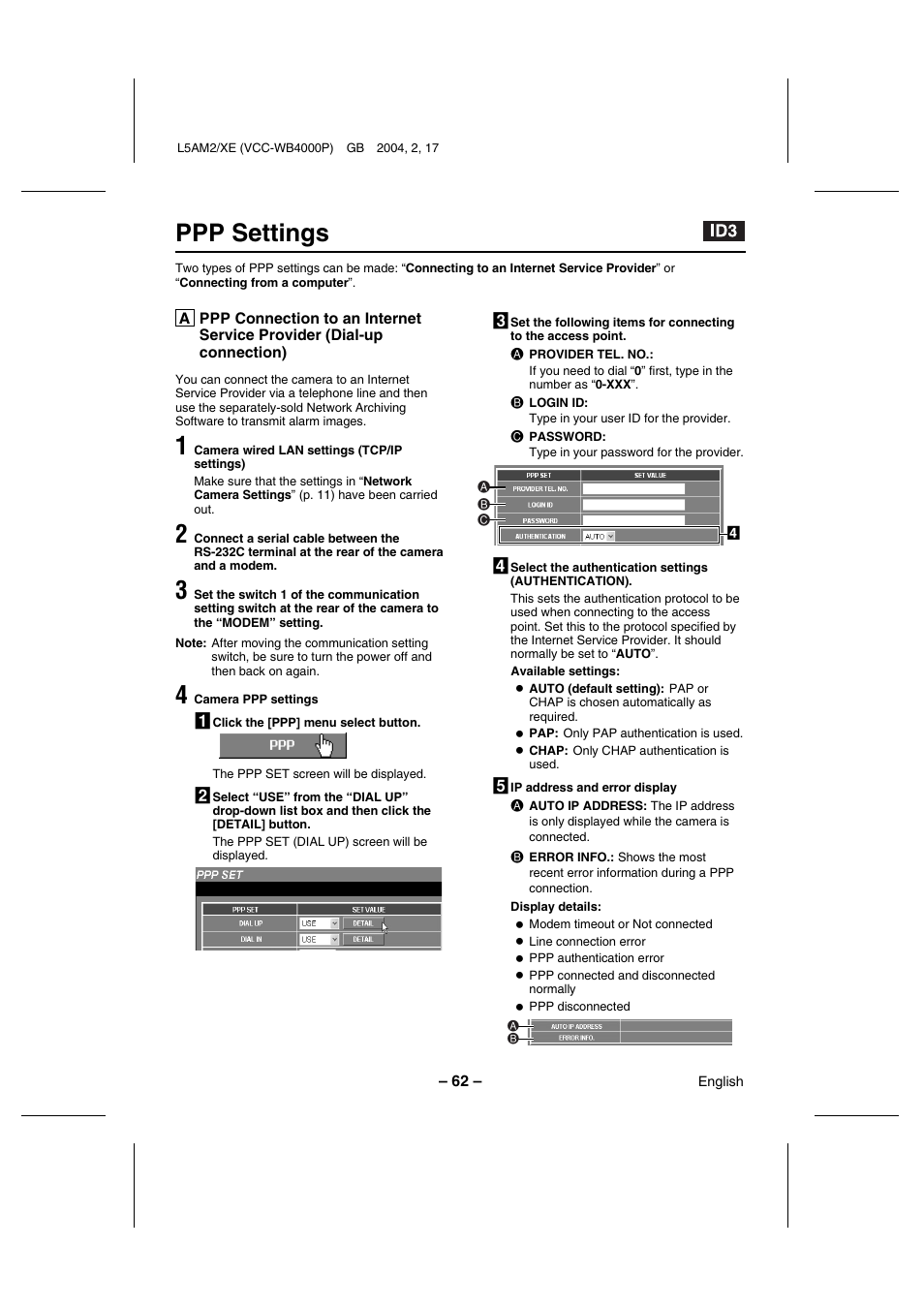 Ppp settings | Sanyo VCC-WB4000P User Manual | Page 63 / 78