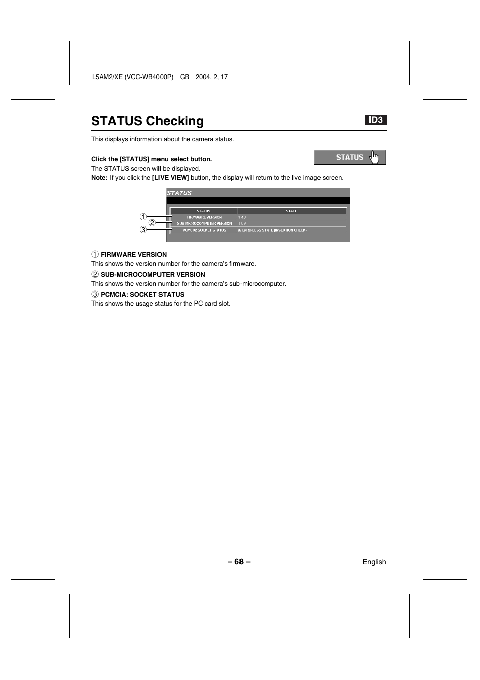 Status checking | Sanyo VCC-WB4000P User Manual | Page 69 / 78