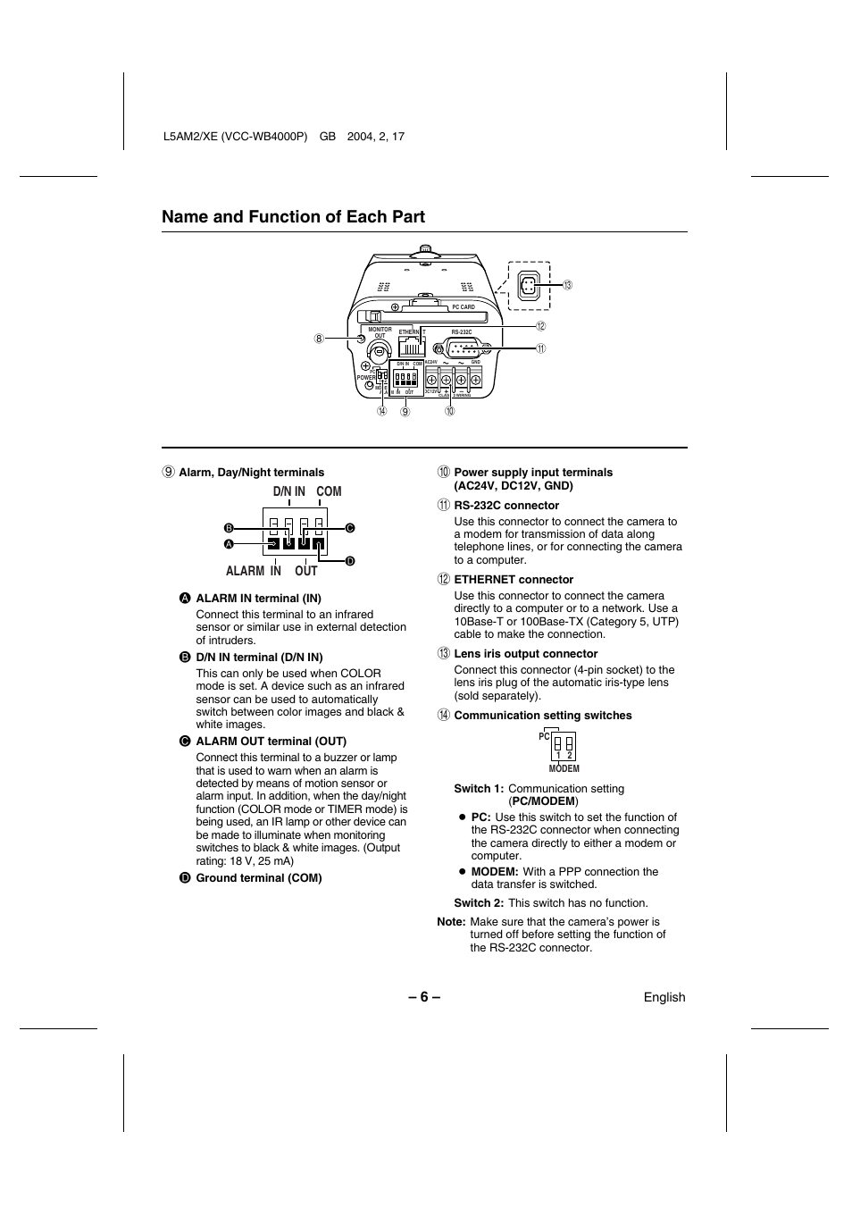 Name and function of each part, Alarm in out, Com d/n in | Sanyo VCC-WB4000P User Manual | Page 7 / 78