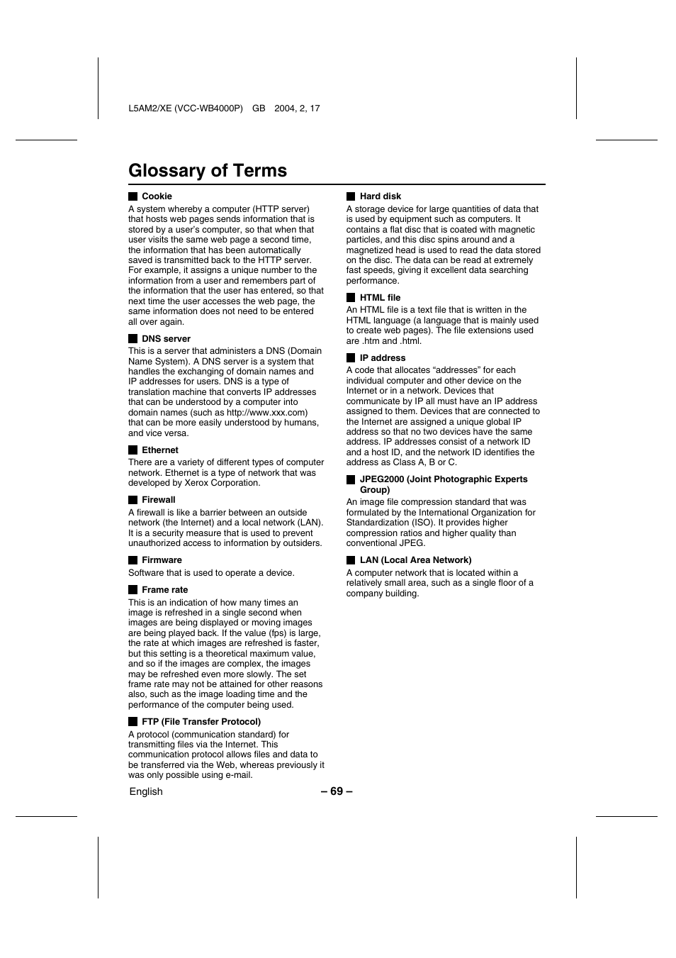 Glossary of terms | Sanyo VCC-WB4000P User Manual | Page 70 / 78