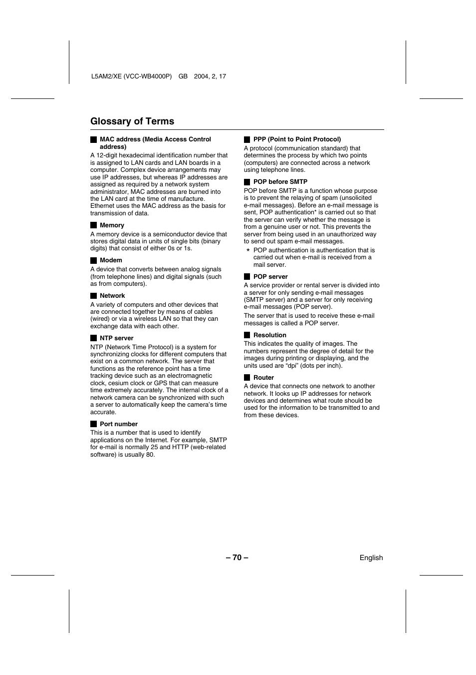 Glossary of terms | Sanyo VCC-WB4000P User Manual | Page 71 / 78