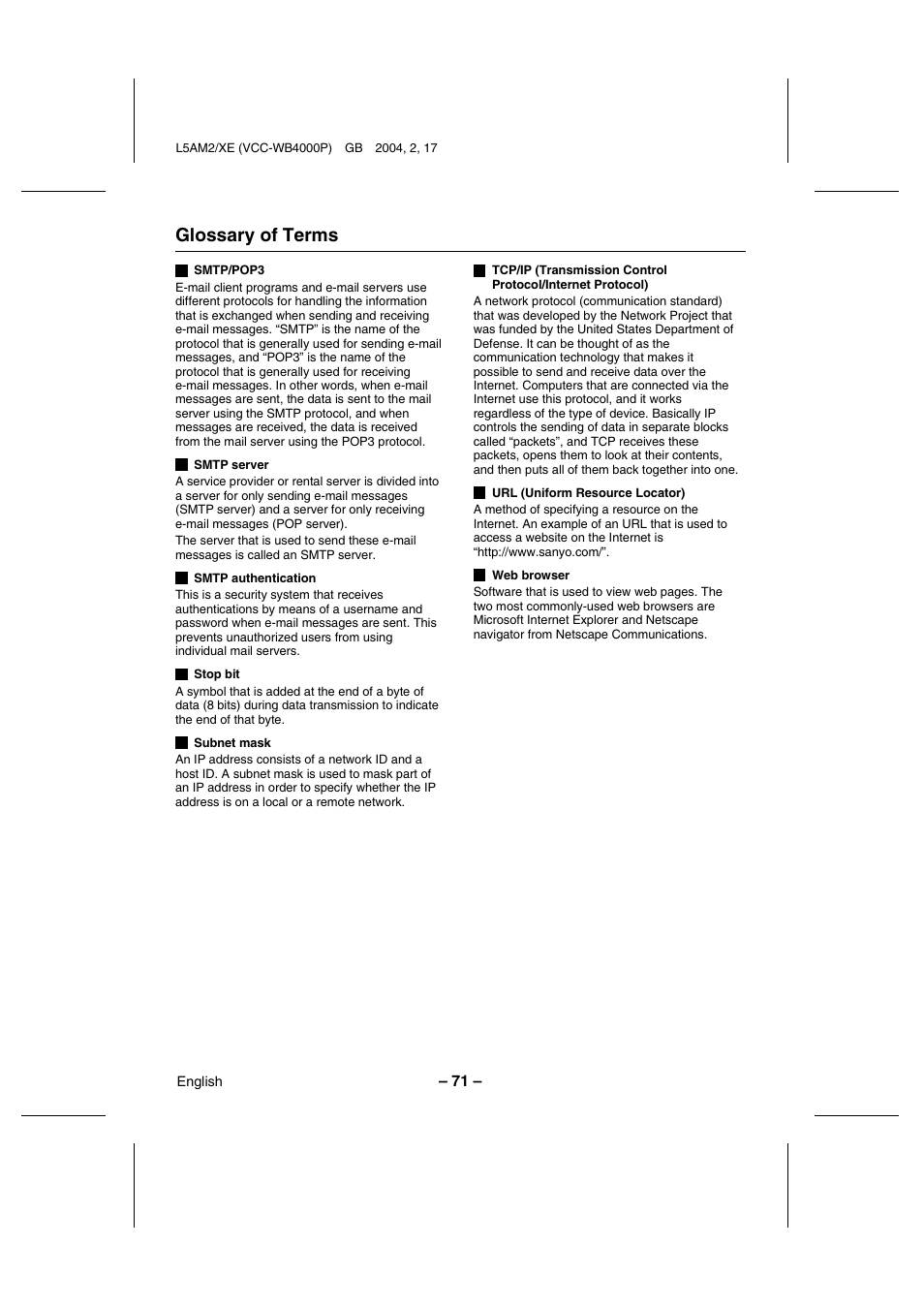 Glossary of terms | Sanyo VCC-WB4000P User Manual | Page 72 / 78