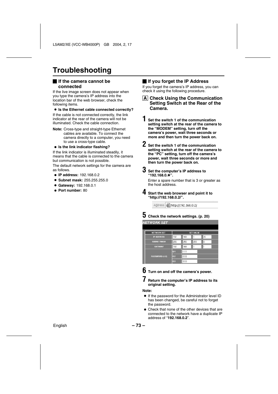 Troubleshooting | Sanyo VCC-WB4000P User Manual | Page 74 / 78