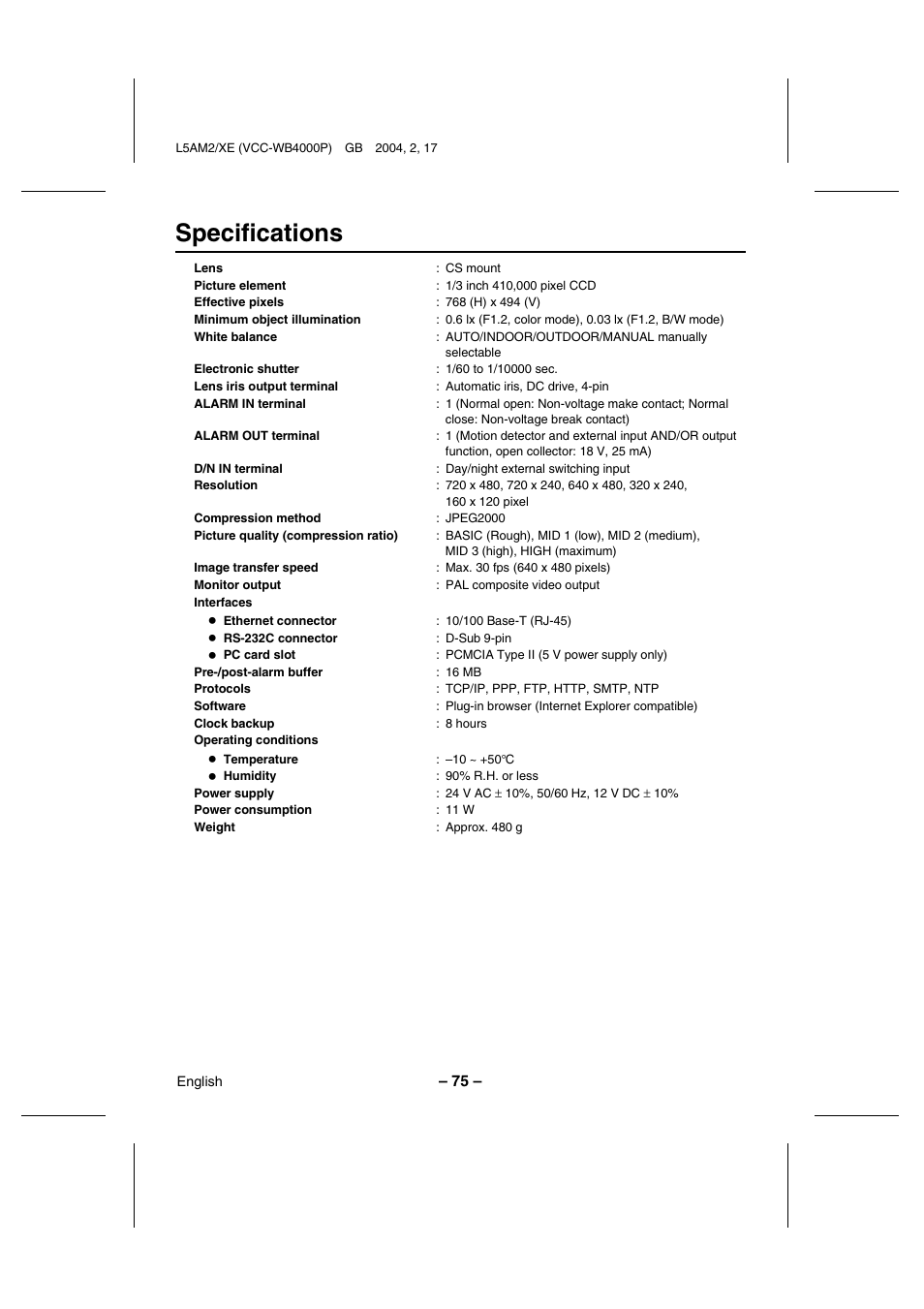 Specifications | Sanyo VCC-WB4000P User Manual | Page 76 / 78