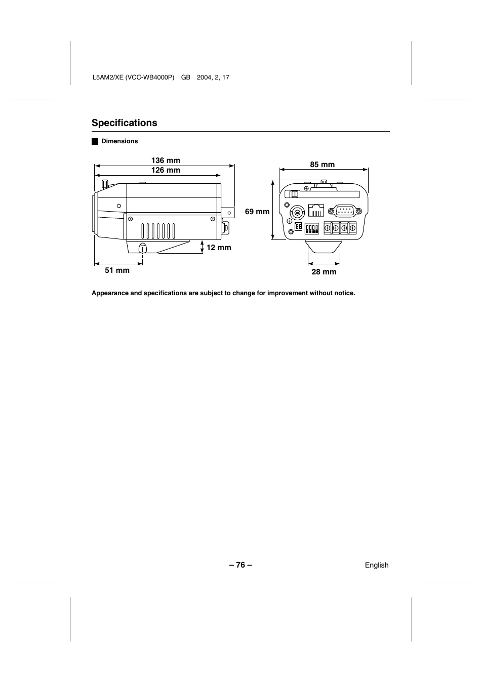 Specifications | Sanyo VCC-WB4000P User Manual | Page 77 / 78