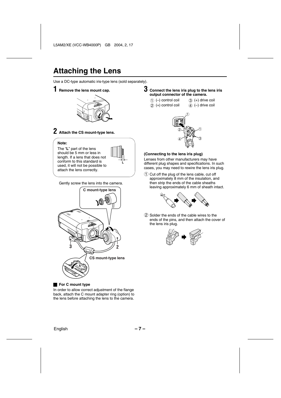 Attaching the lens | Sanyo VCC-WB4000P User Manual | Page 8 / 78