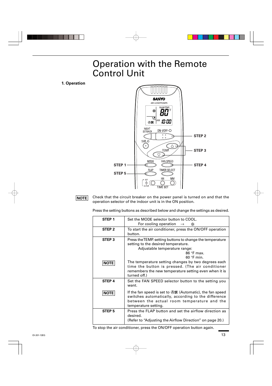 Operation with the remote control unit | Sanyo XS4232 User Manual | Page 13 / 24