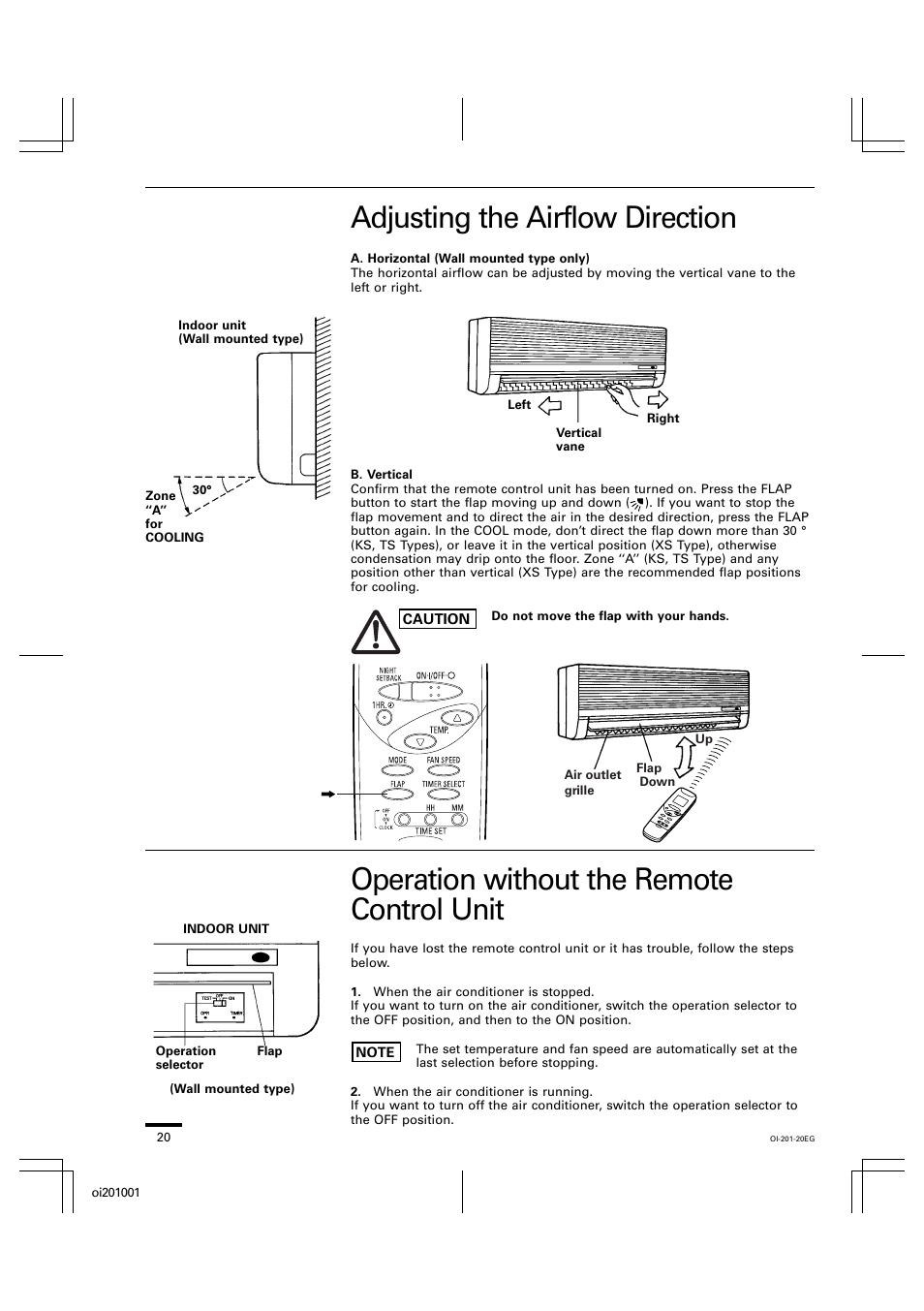 Adjusting the airflow direction, Operation without the remote control unit | Sanyo XS4232 User Manual | Page 20 / 24