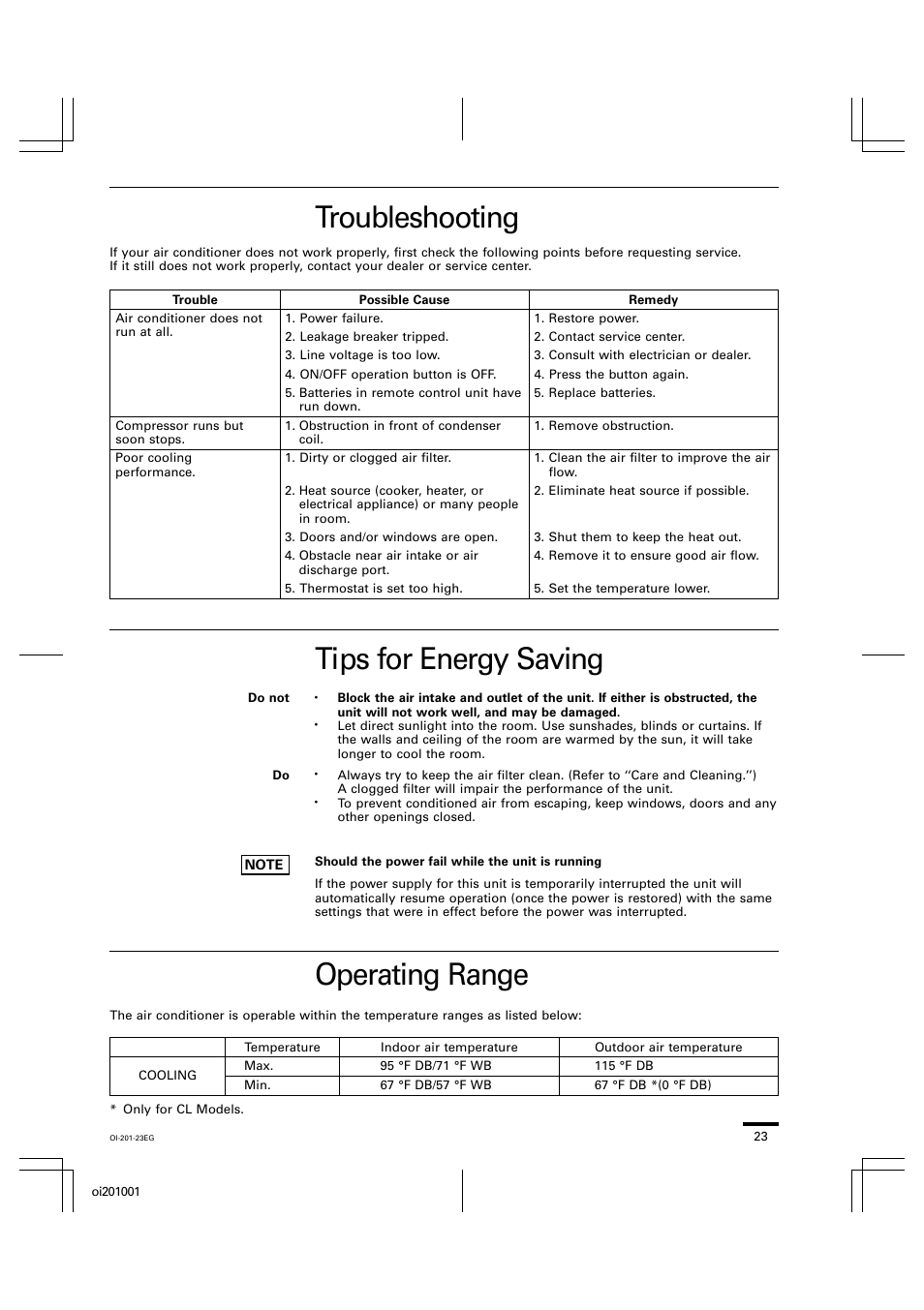 Troubleshooting, Tips for energy saving, Operating range | Sanyo XS4232 User Manual | Page 23 / 24
