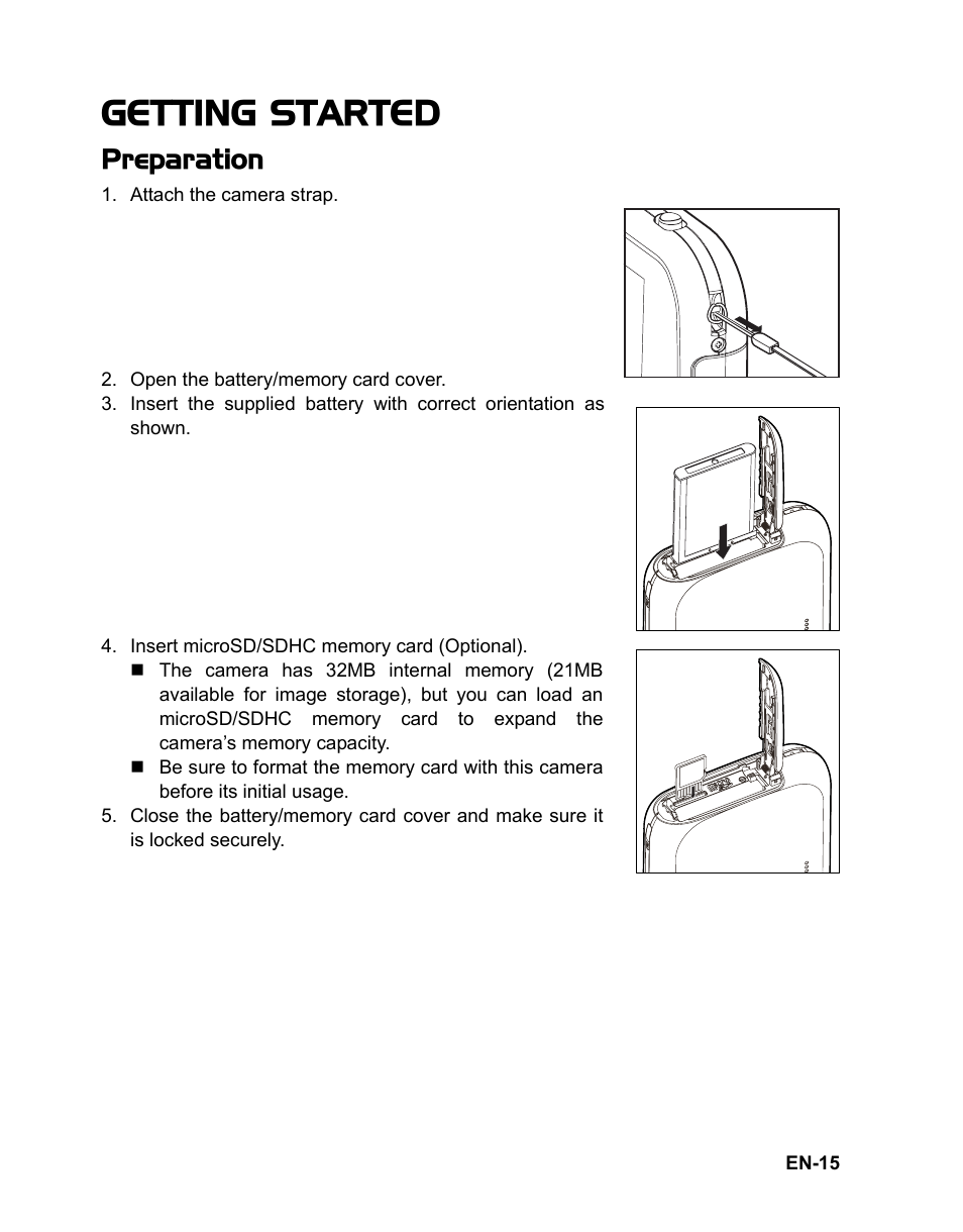 15 getting started, 15 preparation, Getting started | Preparation | Sanyo VPC-TP1010 User Manual | Page 16 / 48