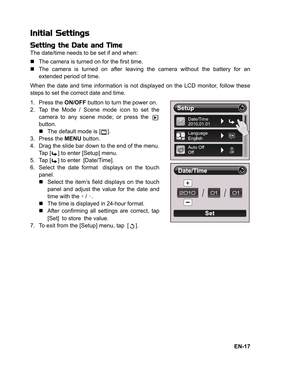 17 initial settings, Initial settings, Setting the date and time | Sanyo VPC-TP1010 User Manual | Page 18 / 48