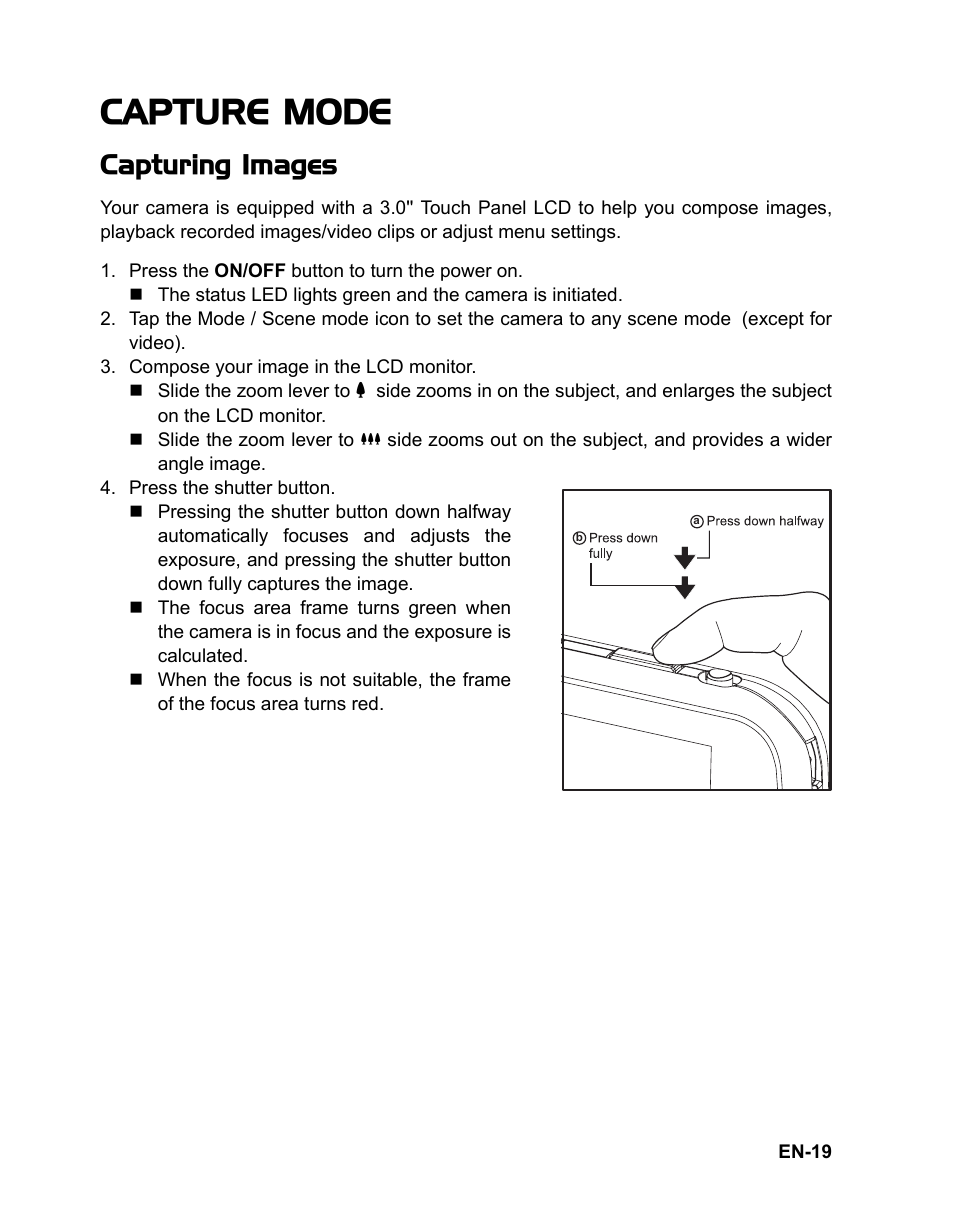 19 capture mode, 19 capturing images, Capture mode | Capturing images | Sanyo VPC-TP1010 User Manual | Page 20 / 48