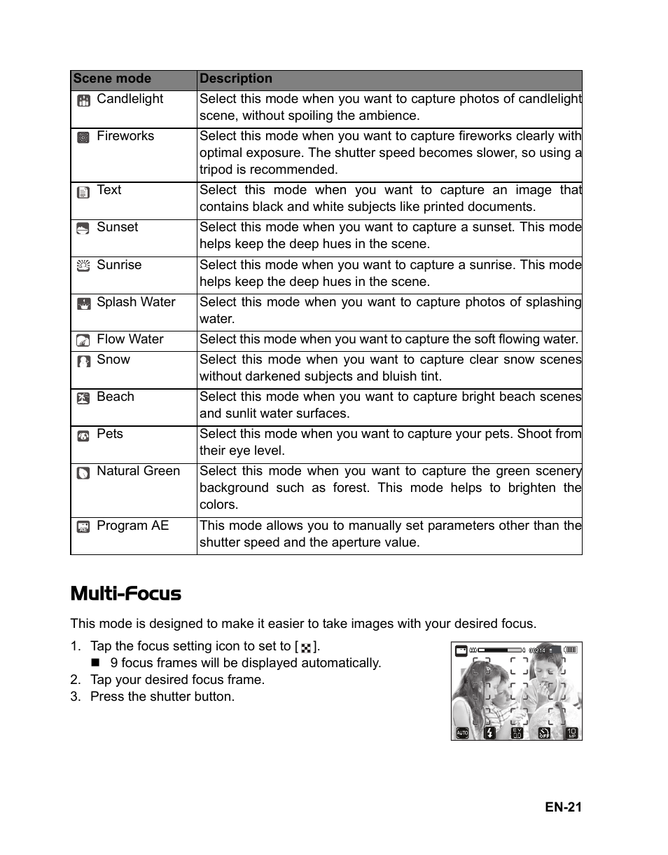 Multi-focus | Sanyo VPC-TP1010 User Manual | Page 22 / 48