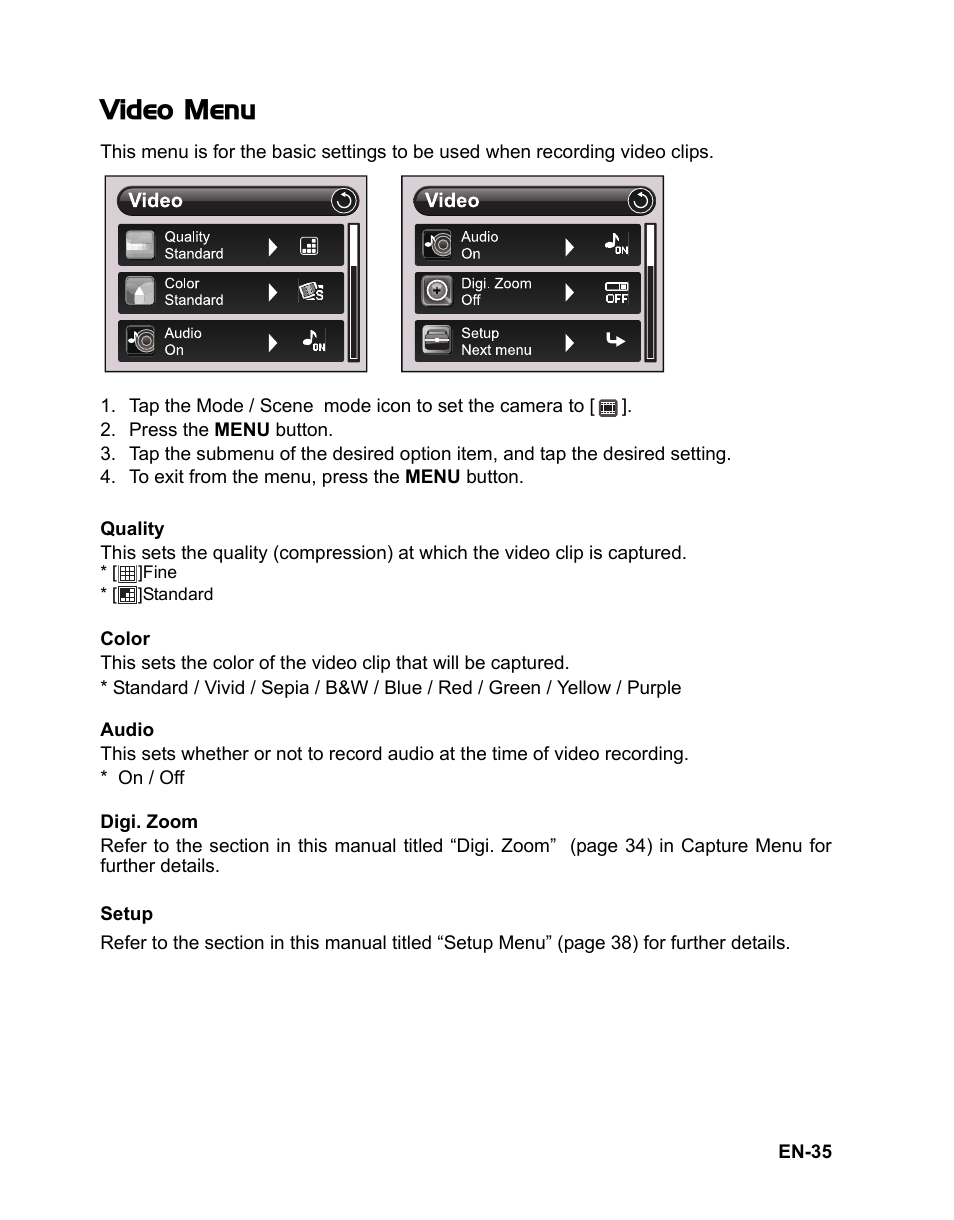 31 photo frame, Video menu | Sanyo VPC-TP1010 User Manual | Page 36 / 48