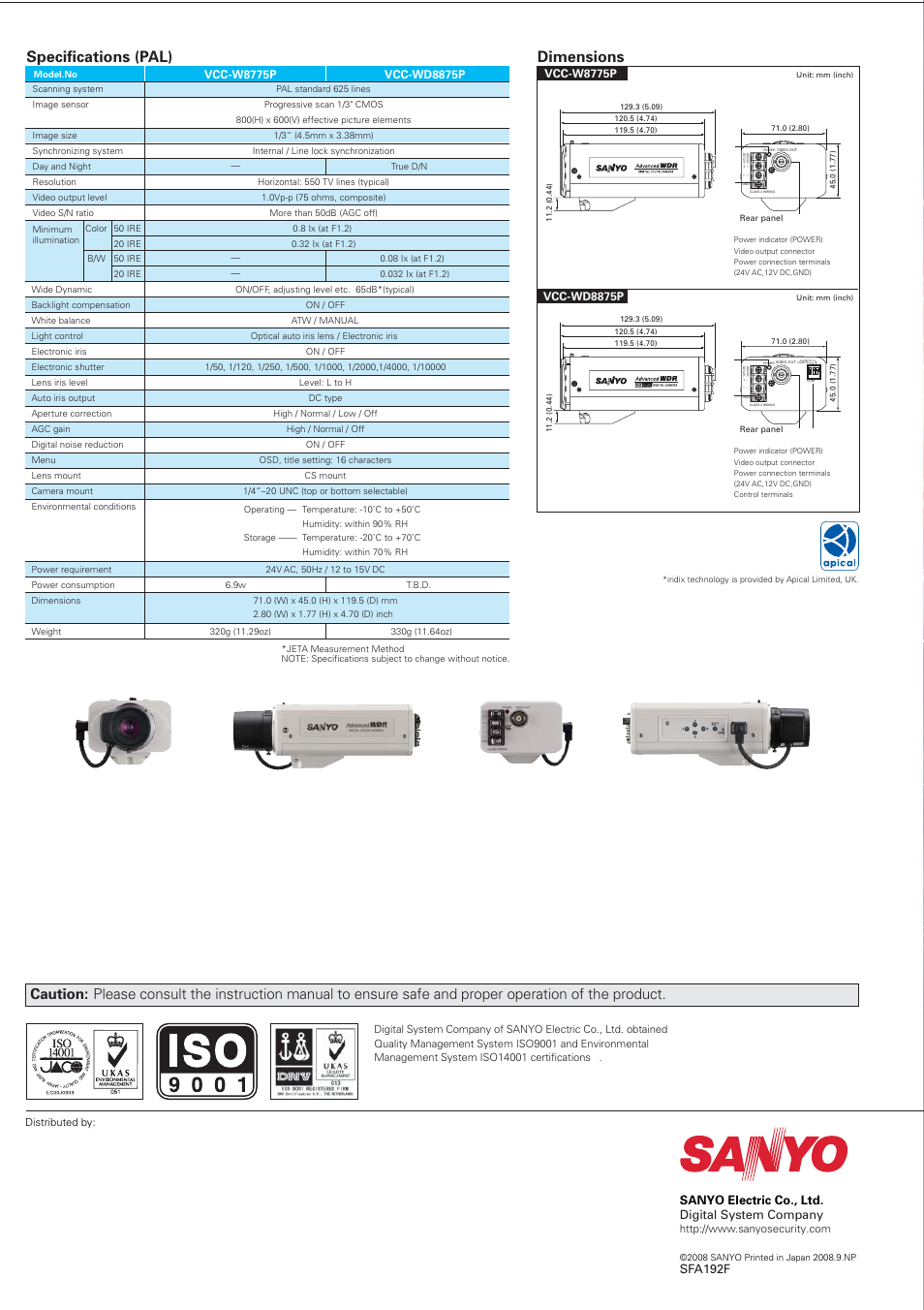 Dimensions, Specifications (pal), Digital system company | Sanyo electric co., ltd. sfa192f | Sanyo VCC-WD8875P User Manual | Page 2 / 6