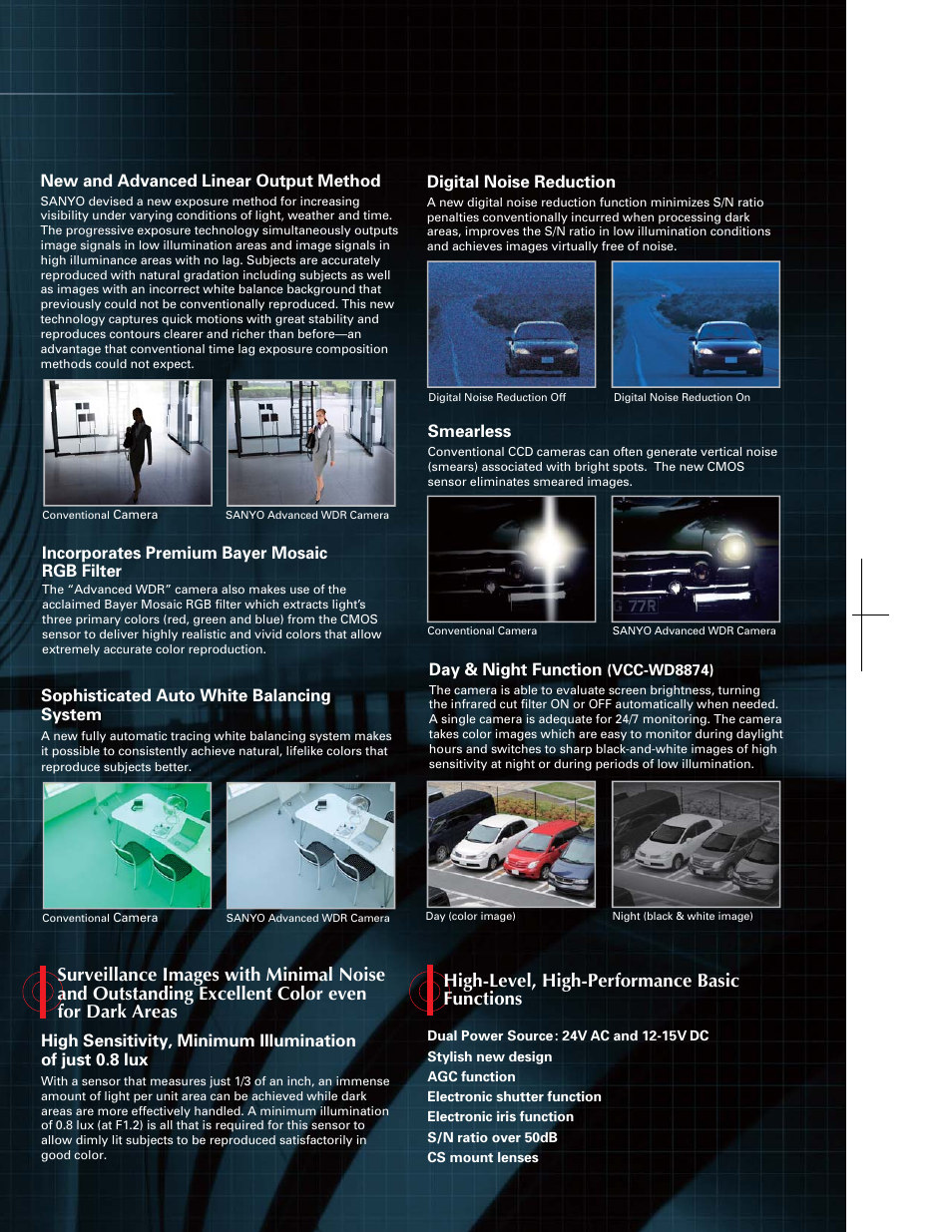 Incorporates premium bayer mosaic rgb filter, Sophisticated auto white balancing system, Smearless | Digital noise reduction, Day & night function, New and advanced linear output method | Sanyo VCC-WD8875P User Manual | Page 6 / 6