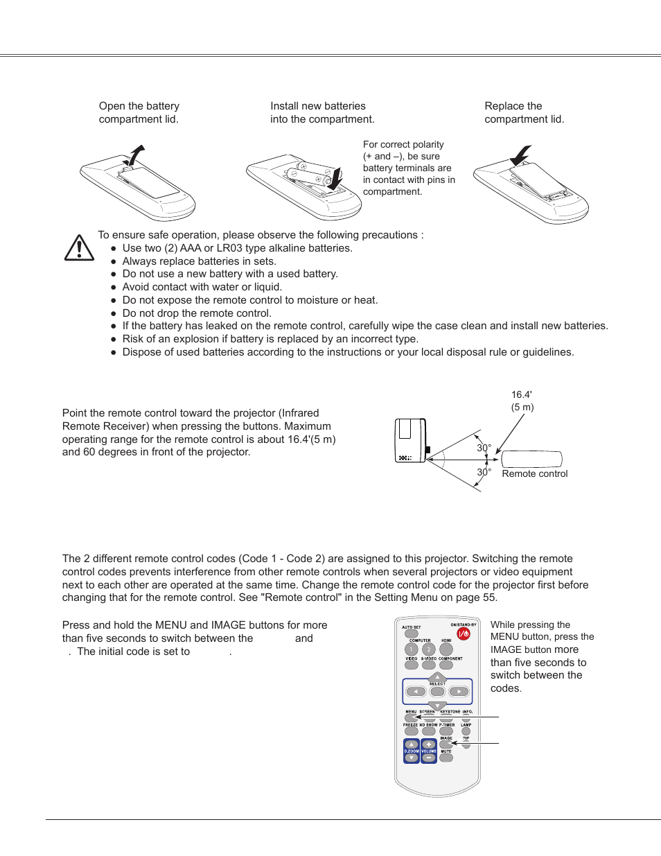 Remote control battery installation, Remote control operating range, Remote control code | Part names and functions | Sanyo PLC-WXU300K User Manual | Page 12 / 82