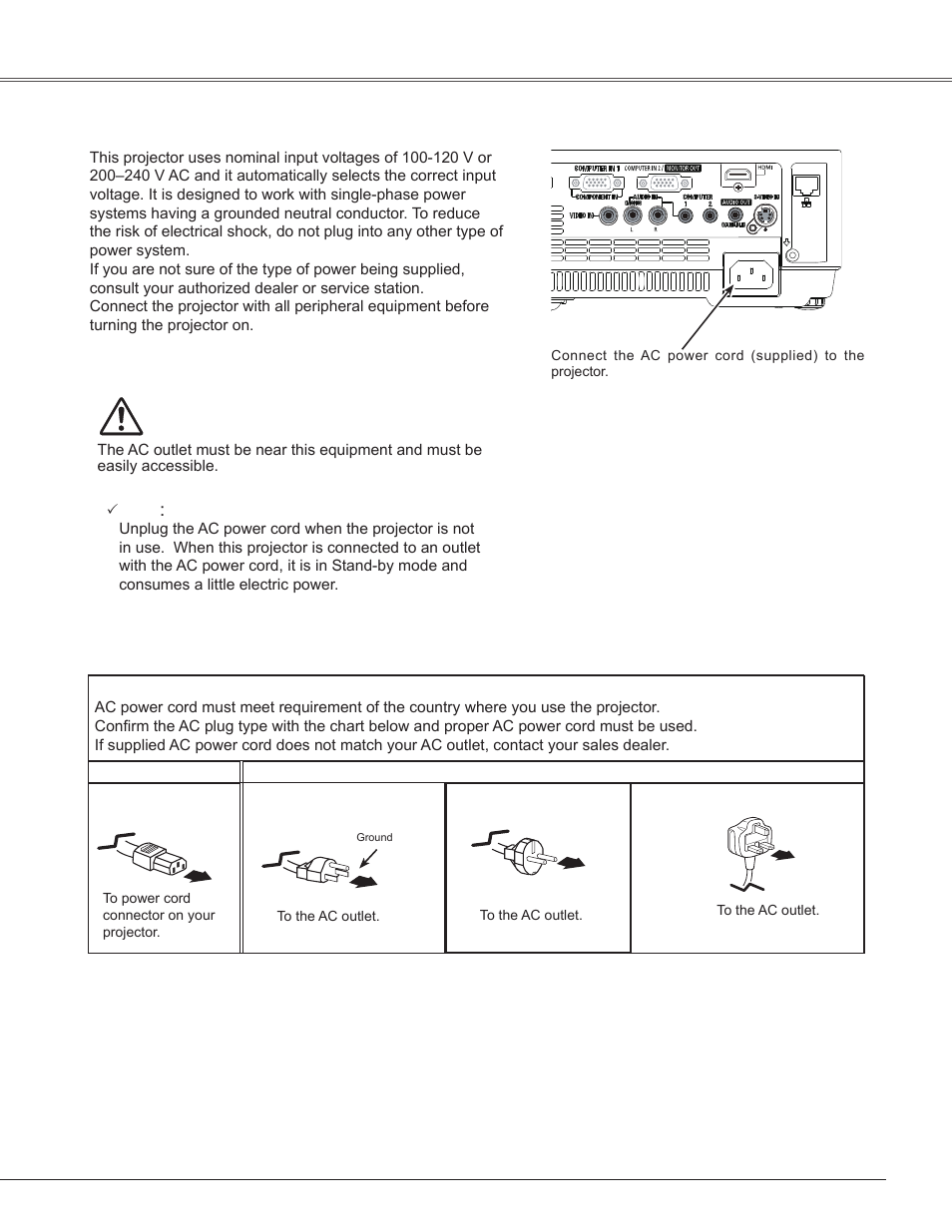 Connecting the ac power cord, Installation connecting the ac power cord | Sanyo PLC-WXU300K User Manual | Page 17 / 82