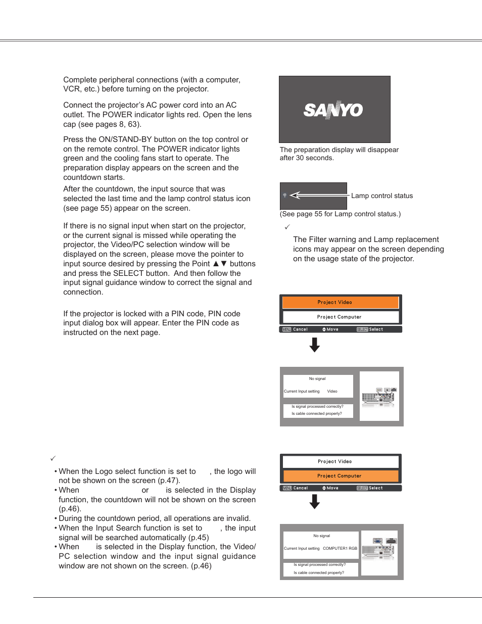 Basic operation, Turning on the projector | Sanyo PLC-WXU300K User Manual | Page 18 / 82