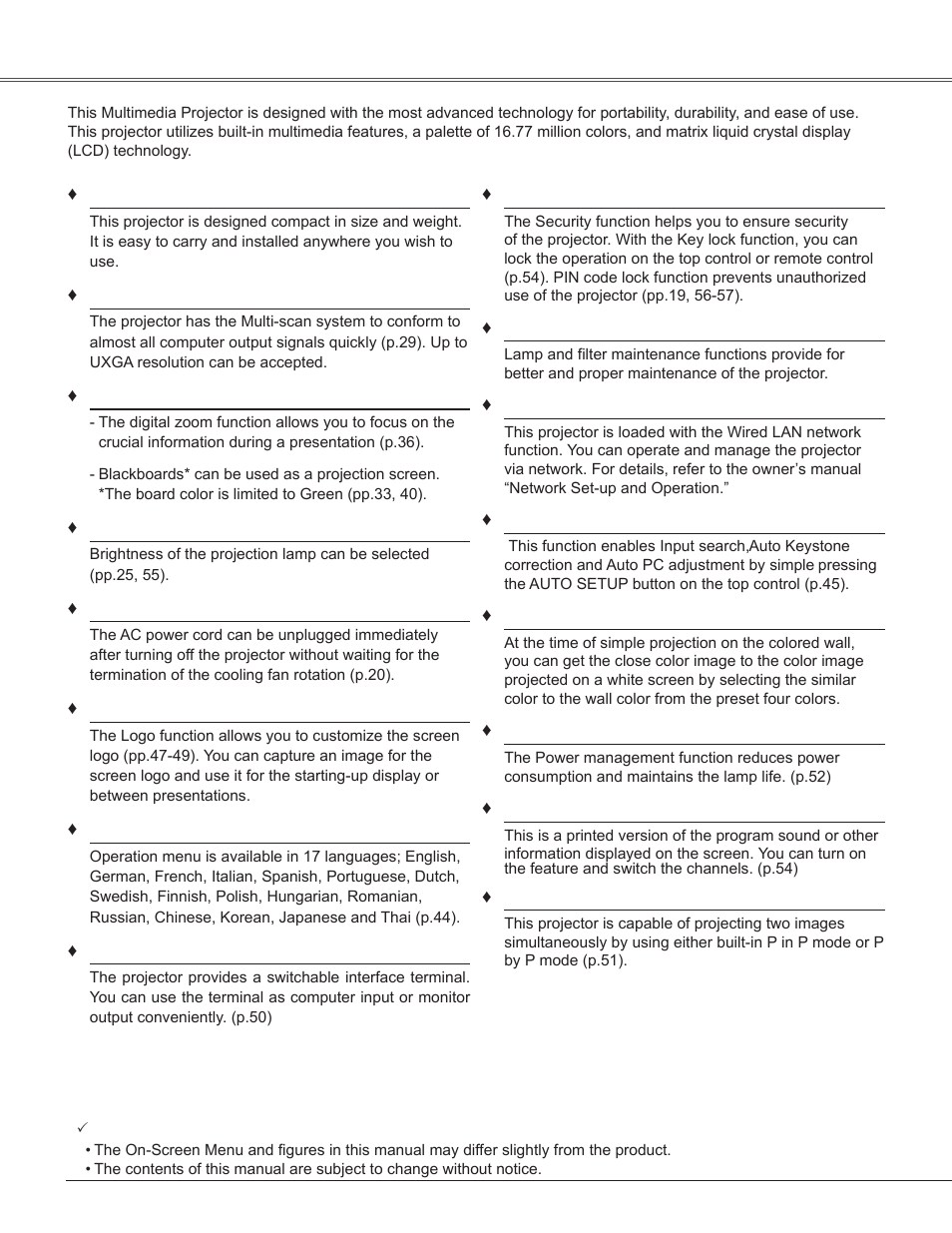 Features and design | Sanyo PLC-WXU300K User Manual | Page 2 / 82