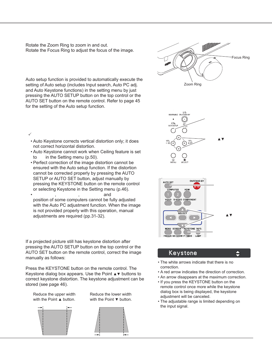 Zoom and focus adjustment, Auto setup function, Keystone correction | Basic operation | Sanyo PLC-WXU300K User Manual | Page 23 / 82