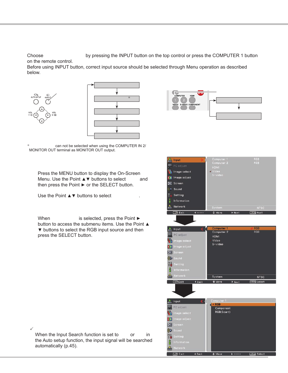 Computer input, Input source selection (computer 1: rgb ), Input source selection (computer 1: rgb) | Sanyo PLC-WXU300K User Manual | Page 27 / 82