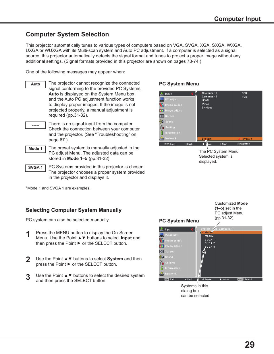 Computer system selection, Computer input | Sanyo PLC-WXU300K User Manual | Page 29 / 82