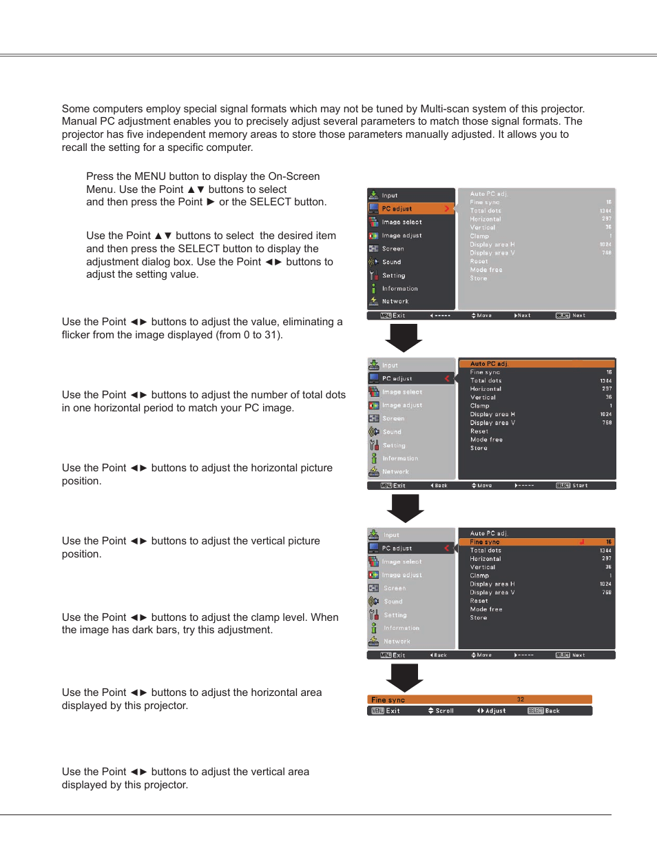 Manual pc adjustment, Computer input | Sanyo PLC-WXU300K User Manual | Page 31 / 82