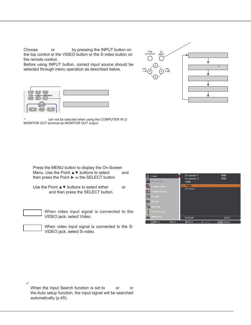 Video input, Input source selection (video, s-video) | Sanyo PLC-WXU300K User Manual | Page 37 / 82