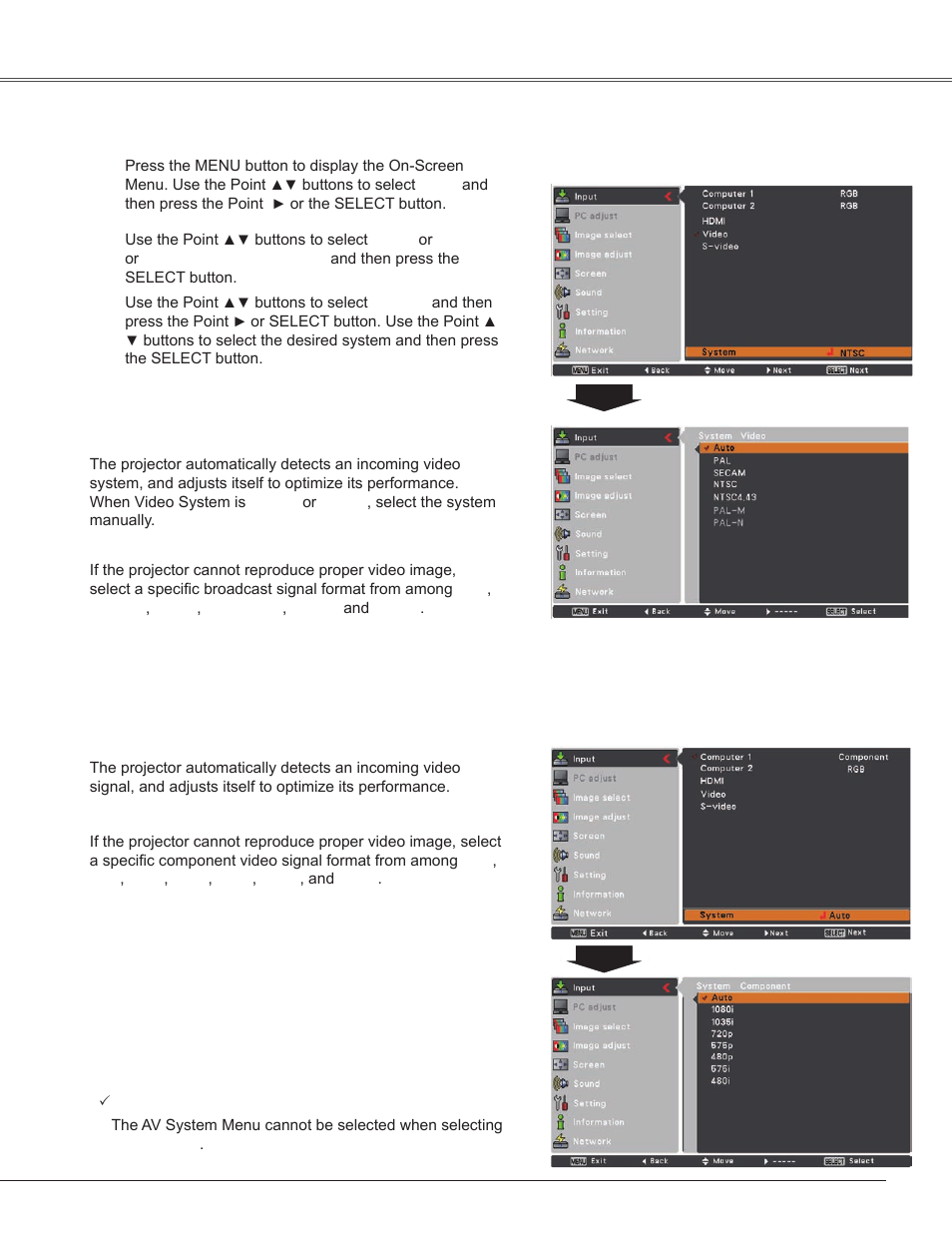 Video system selection, Video input | Sanyo PLC-WXU300K User Manual | Page 39 / 82