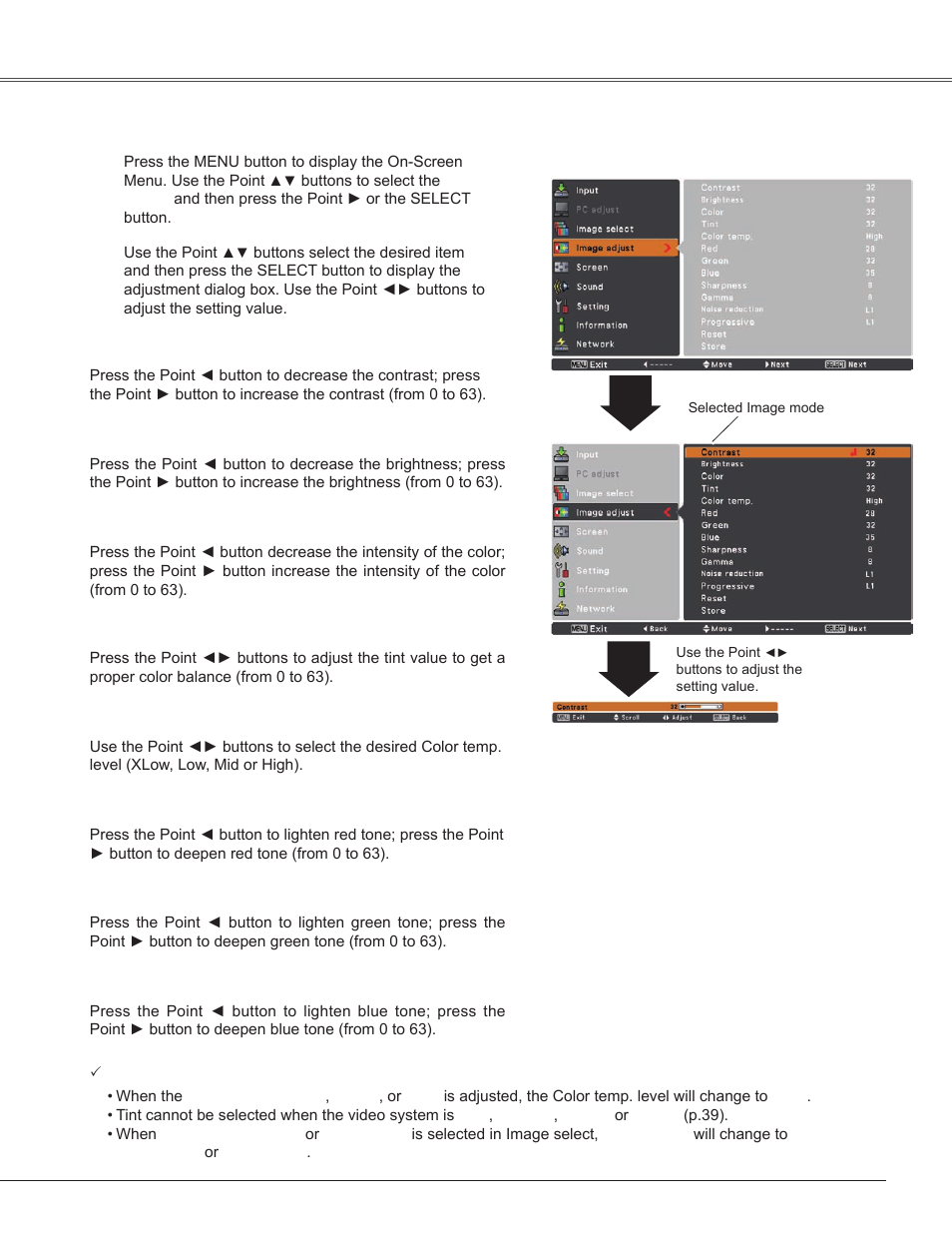 Image adjustment, Video input | Sanyo PLC-WXU300K User Manual | Page 41 / 82