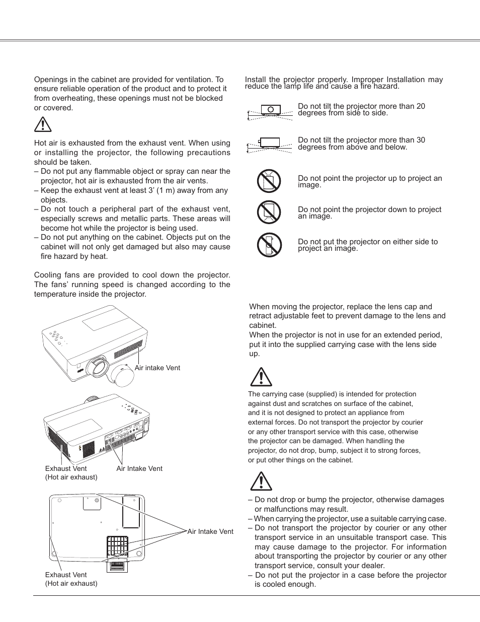 Air circulation, Installing the projector in proper position, Moving the projector | Safety instructions | Sanyo PLC-WXU300K User Manual | Page 6 / 82