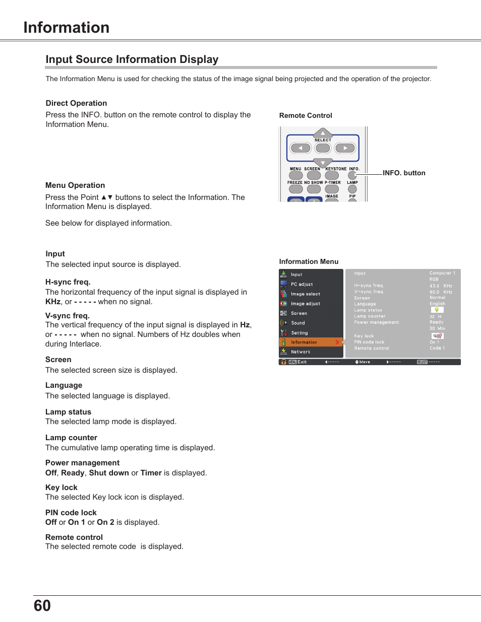 Information, Input source information display | Sanyo PLC-WXU300K User Manual | Page 60 / 82